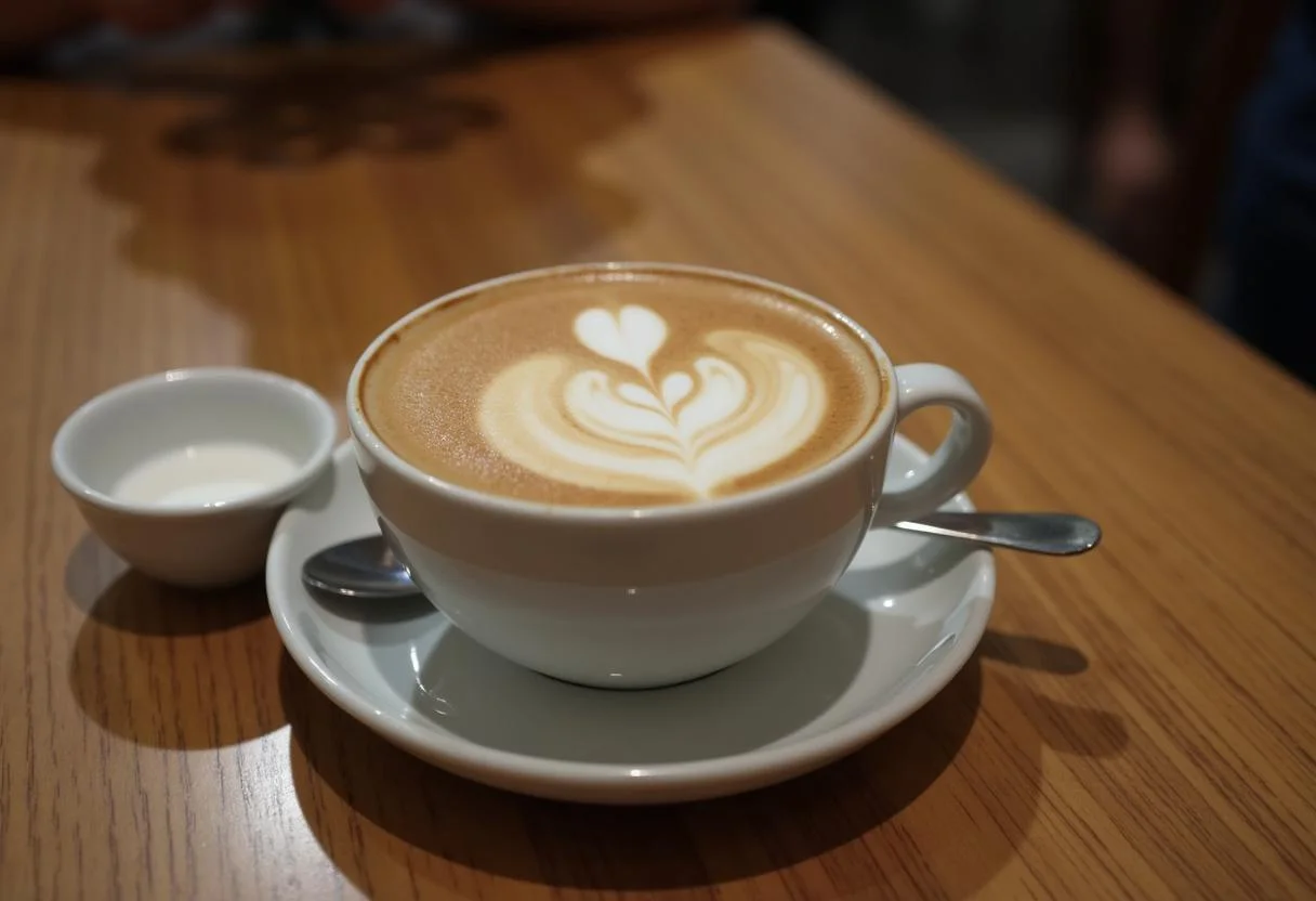 Café flat white bellamente presentado en una mesa de madera, perfecto para los amantes del café.