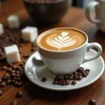 Café latte italiano servido en una mesa con granos de café, perfecto para disfrutar.