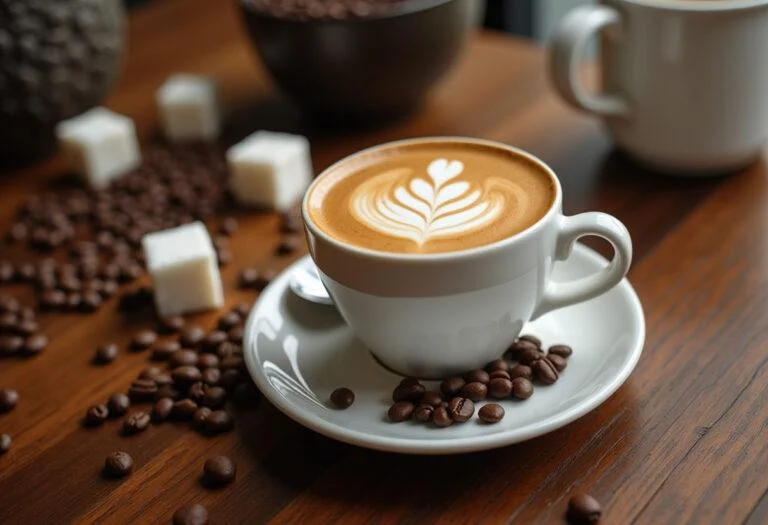 Café latte italiano servido en una mesa con granos de café, perfecto para disfrutar.