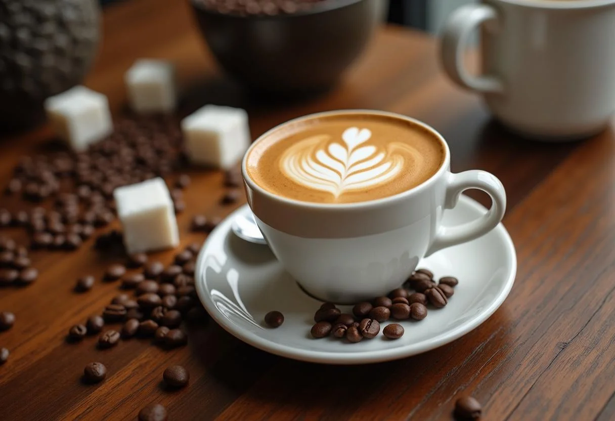 Café latte italiano servido en una mesa con granos de café, perfecto para disfrutar.