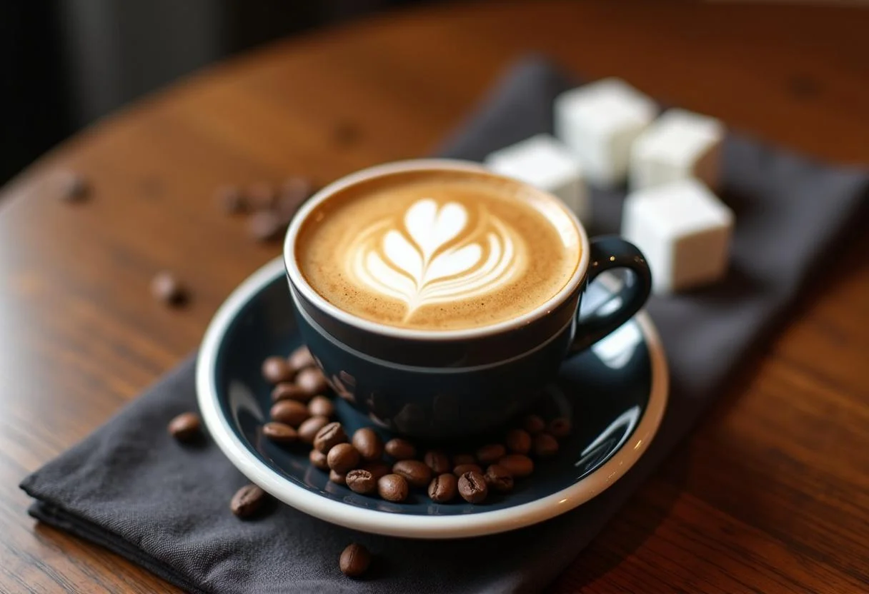 Café latte italiano servido en una mesa con granos de café, perfecto para disfrutar.