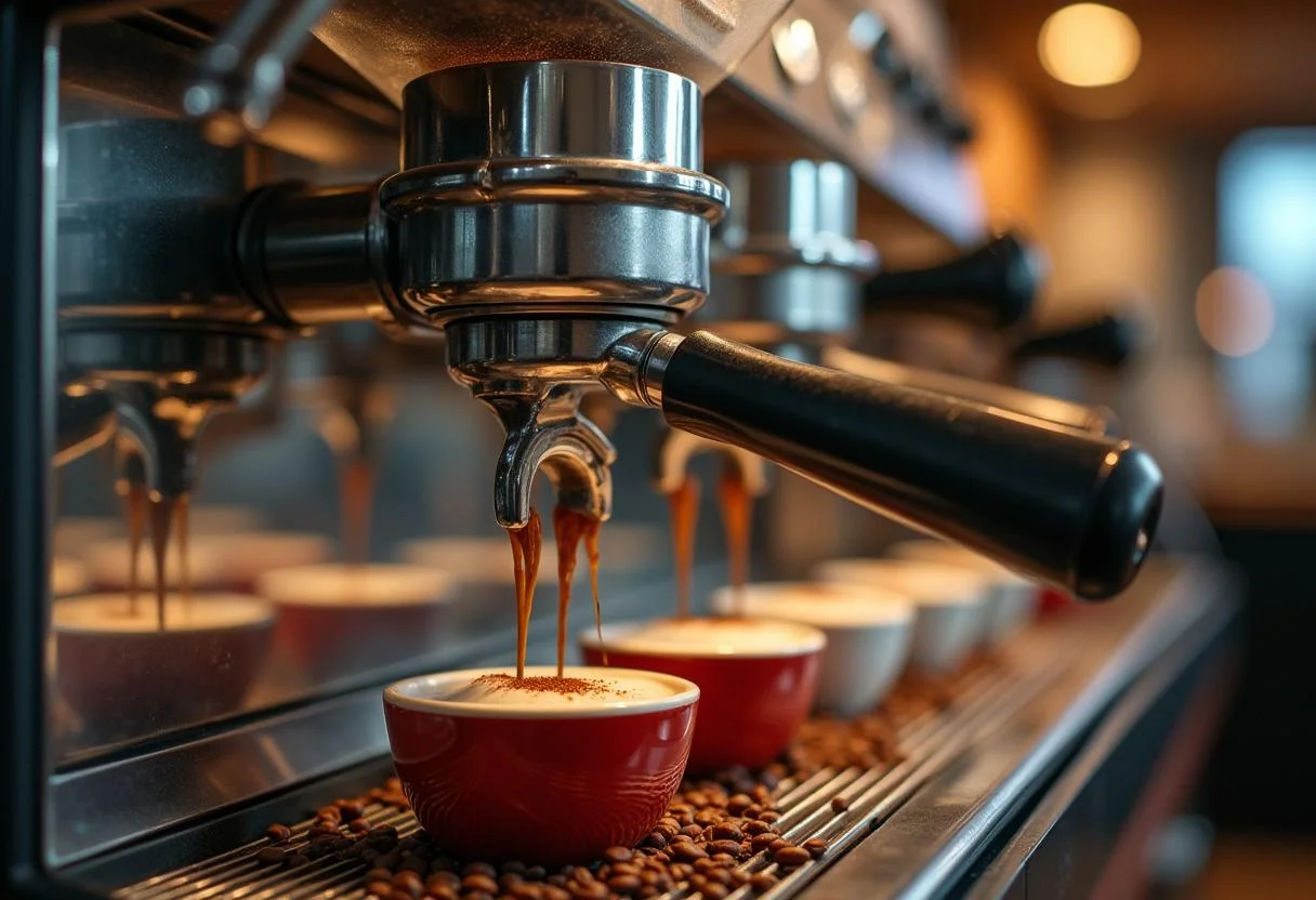 Preparando café espresso recién molido para café latte italiano.