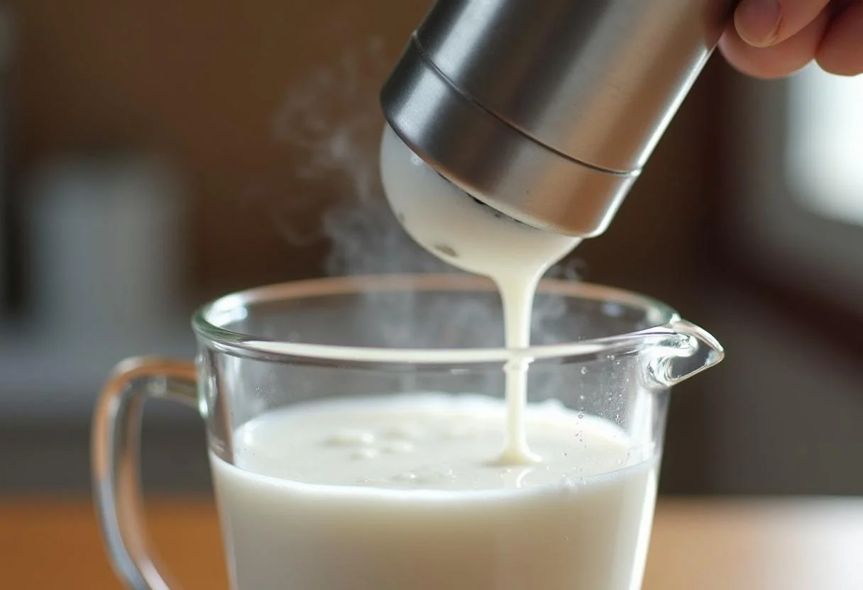 Espuma de leche en preparación para un delicioso café latte italiano.