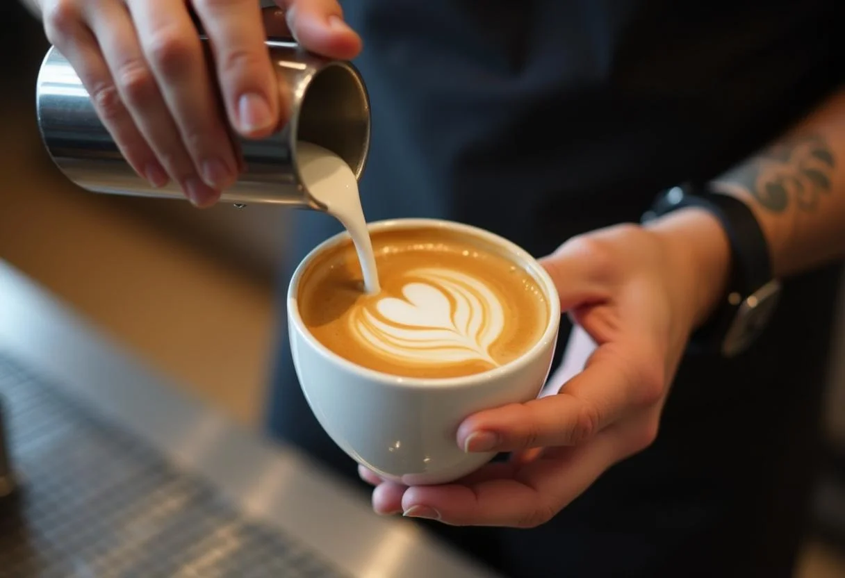 Vierte leche espumosa sobre el espresso para café latte italiano con arte en la superficie.