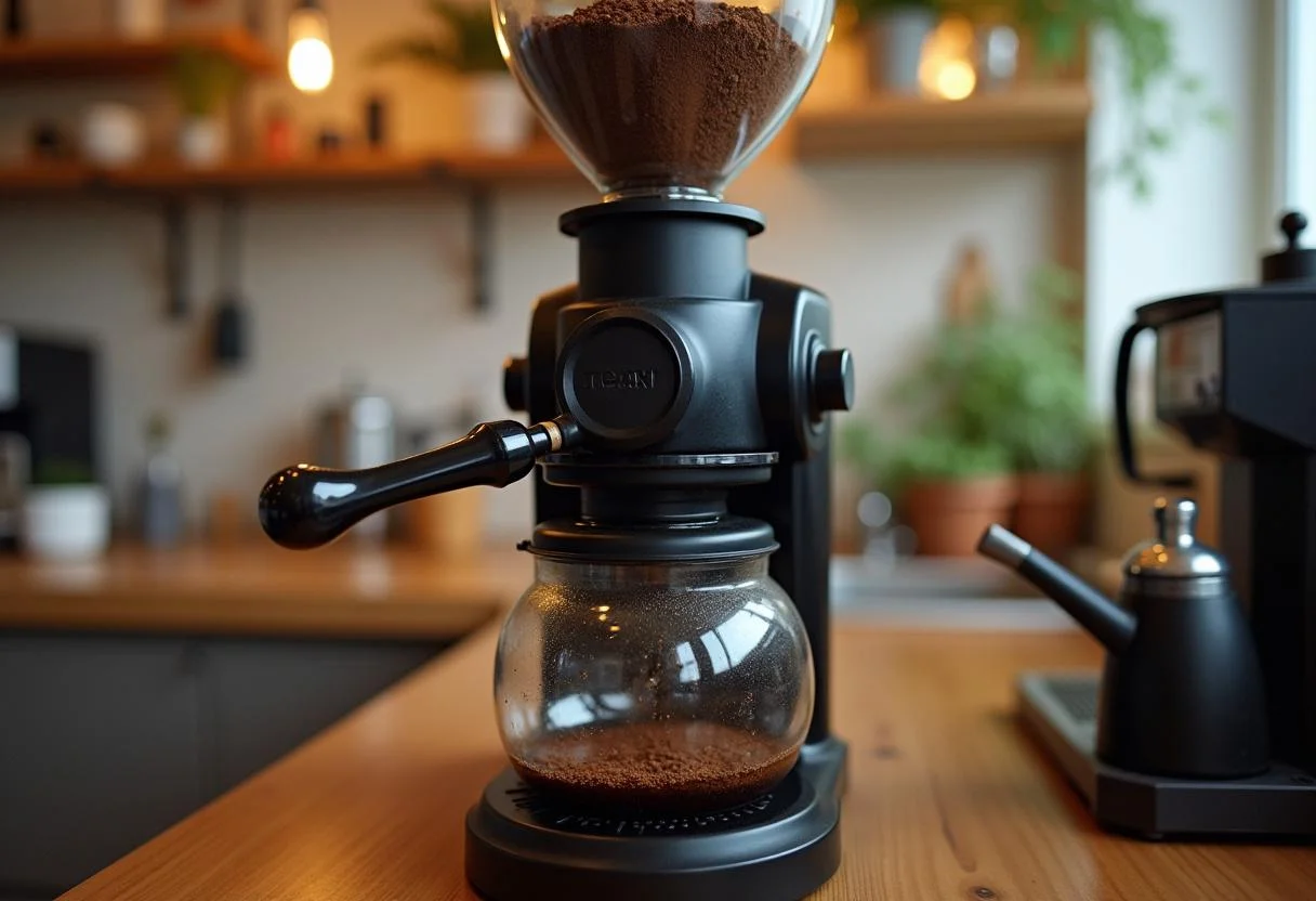 Molino de café en acción, produciendo café molido fresco.