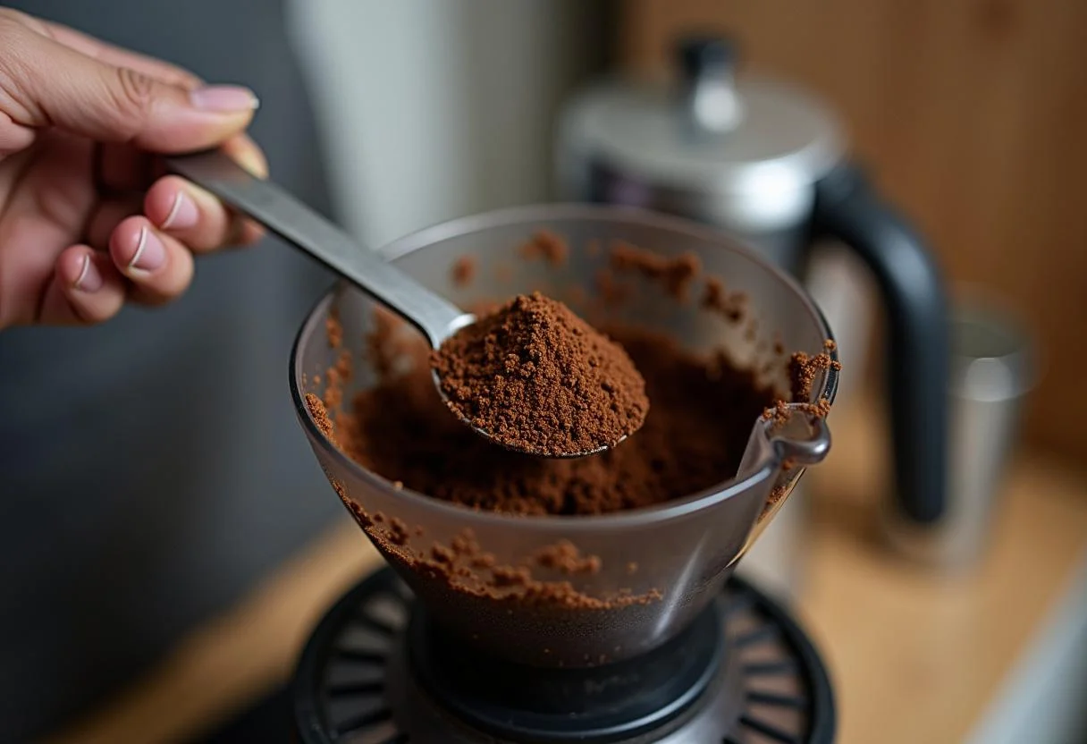 Café molido fresco siendo medido para preparar una deliciosa taza de café.