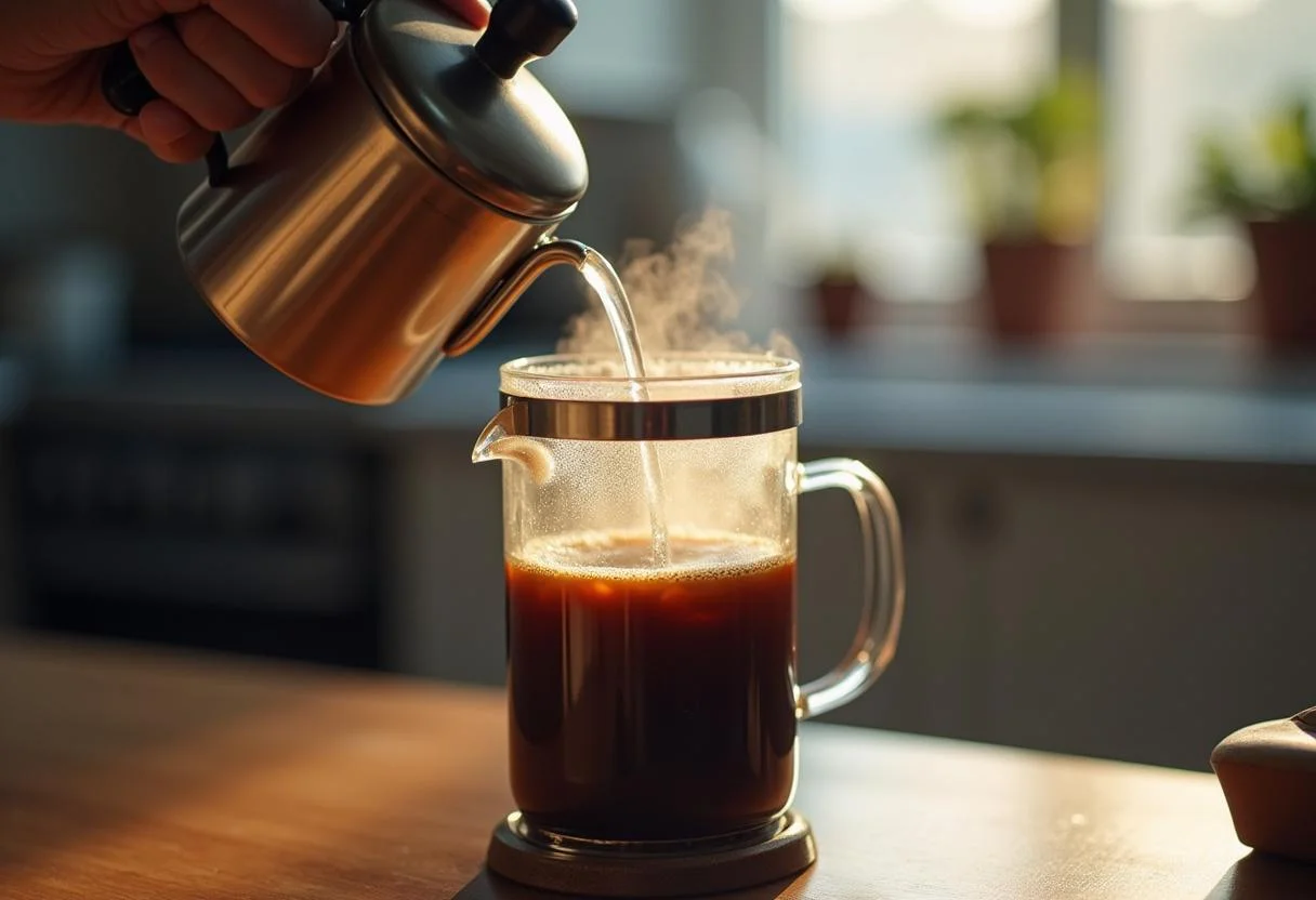 Preparación de café molido fresco en una prensa, creando un delicioso café aromático.