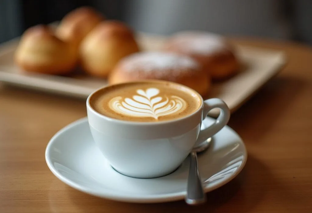 Taza de cafe de grano recien molido lista para disfrutar, perfecta para degustar con repostería.