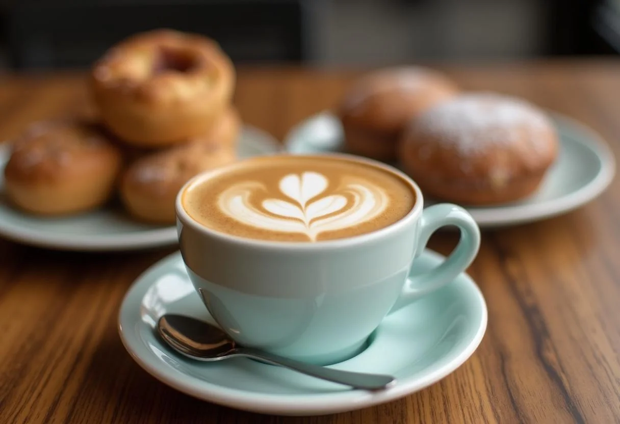 Taza de cafe de grano recien molido lista para disfrutar, perfecta para degustar con repostería.