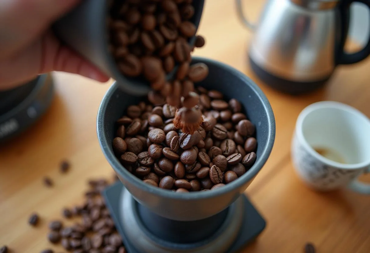 Granos de cafe siendo agregados a un molinillo para preparar el mejor cafe en grano.