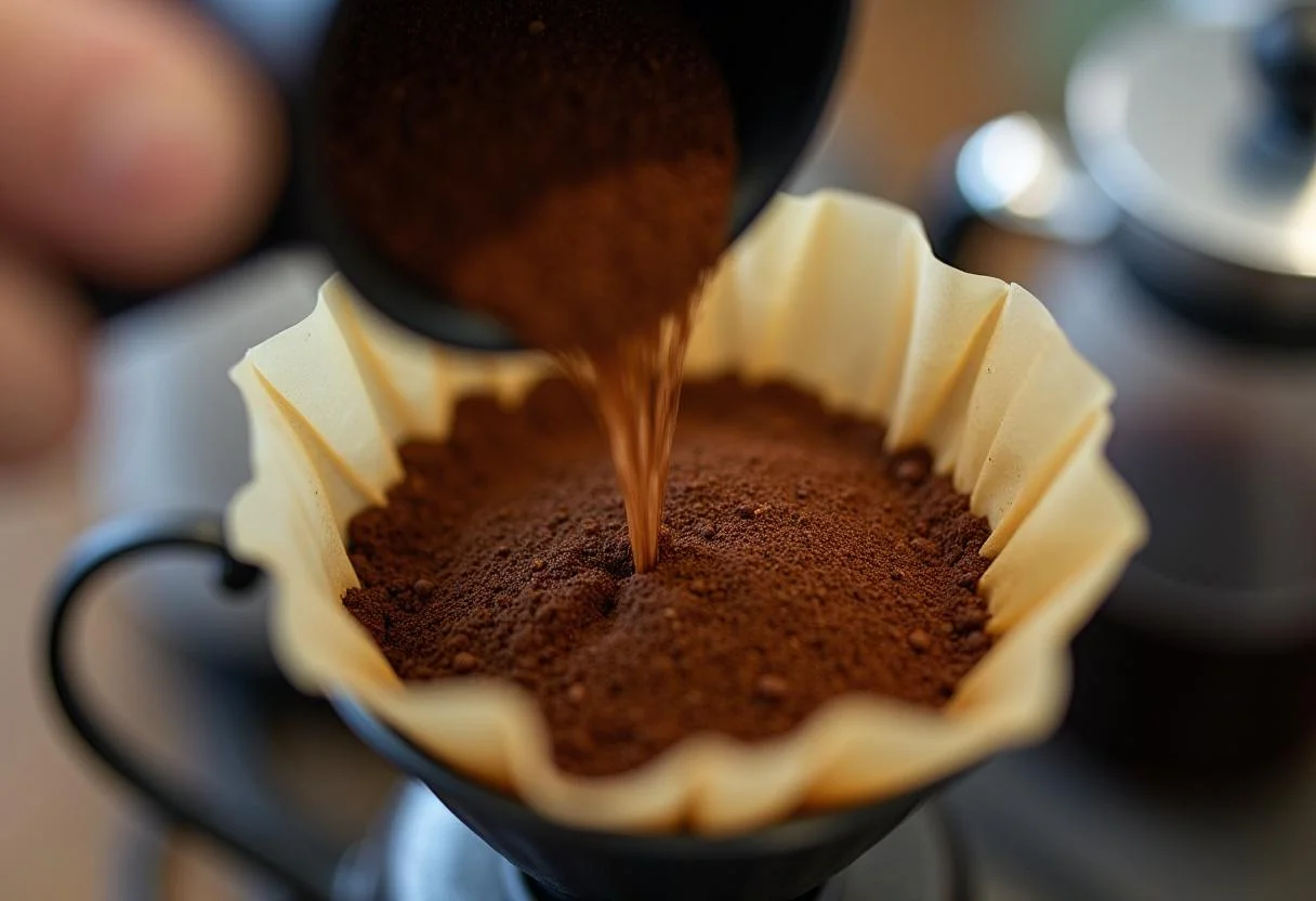 Cafe grano natural molido colocado en un filtro para preparar el mejor cafe en grano.
