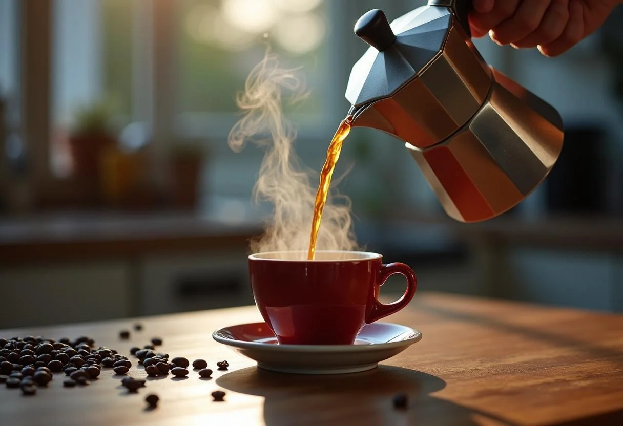 Preparando una taza de cafe natural con granos de cafe recién molidos.