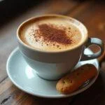 Elegant cafe de maquina served with cocoa and biscotti, perfect for coffee lovers.