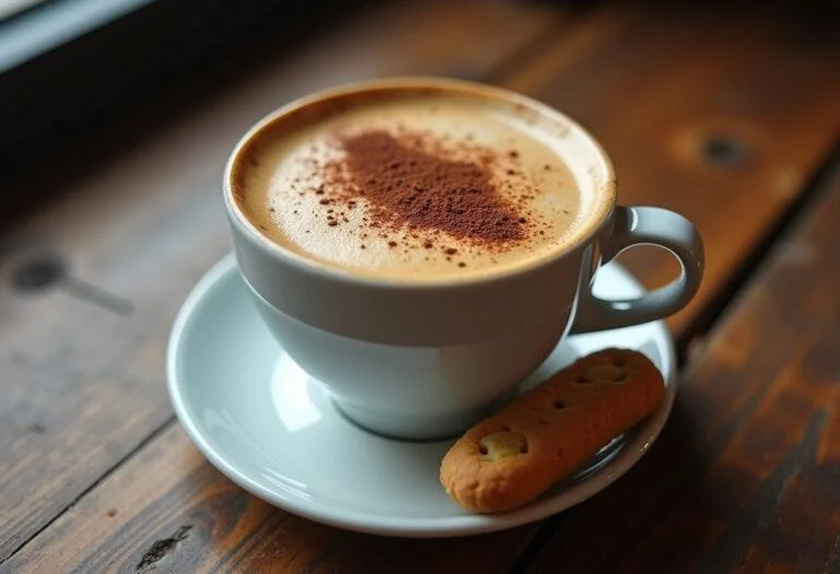 Elegant cafe de maquina served with cocoa and biscotti, perfect for coffee lovers.