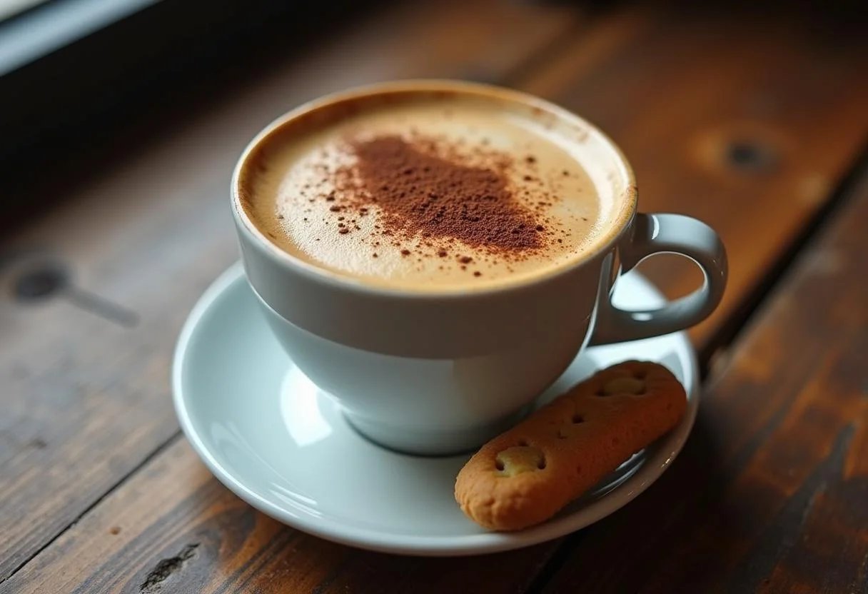 Elegant cafe de maquina served with cocoa and biscotti, perfect for coffee lovers.