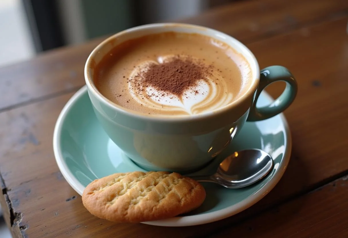 Elegante café de máquina servido con cacao y biscotti, perfecto para los amantes del café.