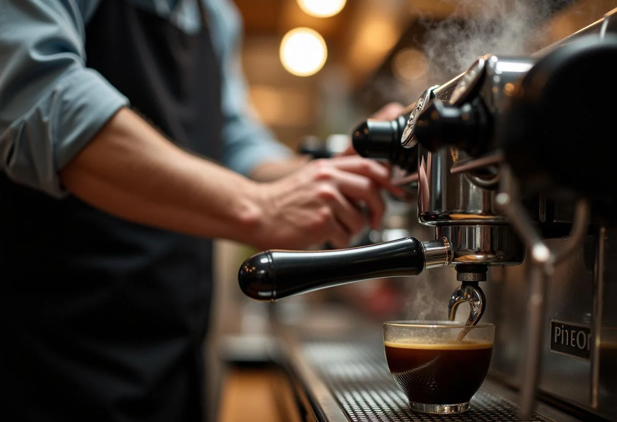 Barista haciendo café de máquina insertando el portafiltro en la máquina de espresso.