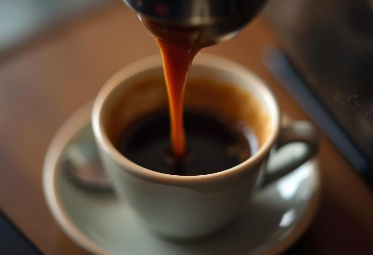 Espresso oscuro vertiéndose en una taza para la preparación del café de máquina.