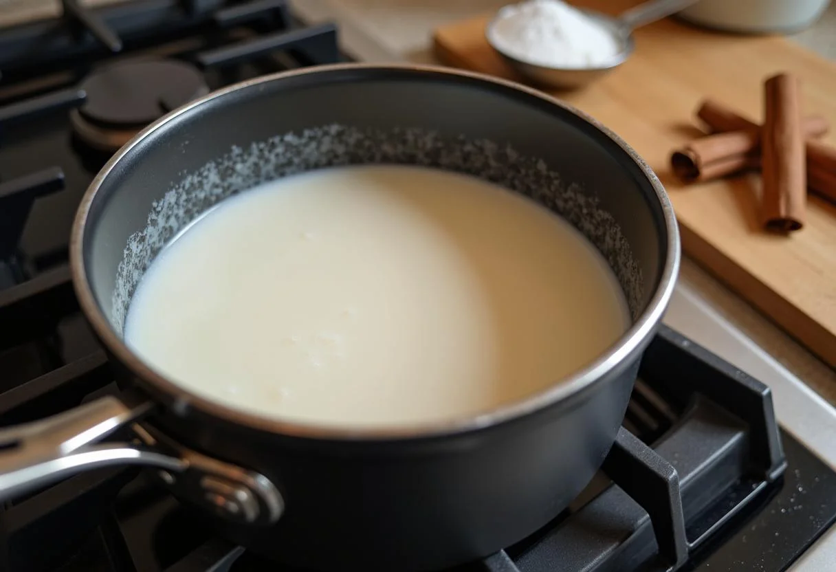 Calentando leche para Cafés Bali Indonesio con especias para realzar el sabor.