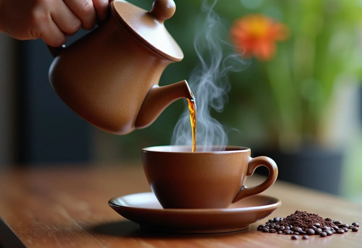 Vertiendo café en una taza para Cafés Bali Indonesio, mostrando la preparación tradicional.