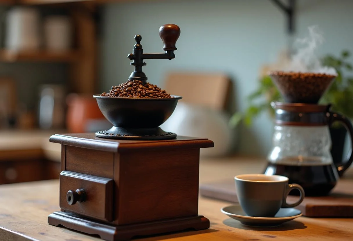 Moliendo granos de café para Cafés Bali Indonesio, creando un perfil de sabor rico.