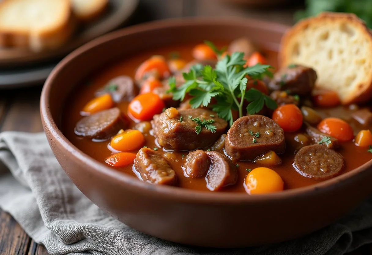 Finished callos de ternera, a traditional Spanish stew, presented in a bowl with crusty bread for a fulfilling meal.
