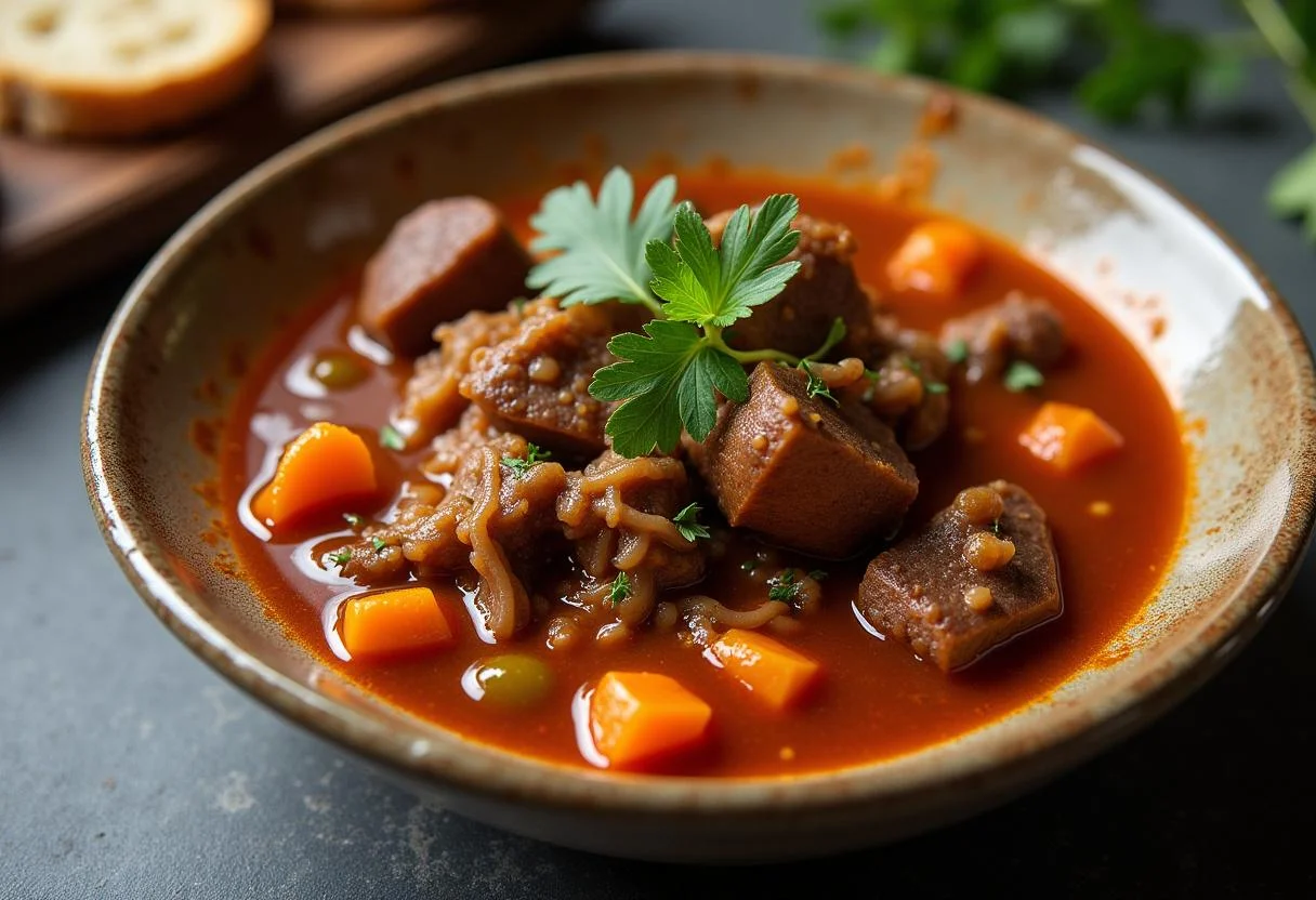 Finished callos de ternera, a traditional Spanish stew, presented in a bowl with crusty bread for a fulfilling meal.