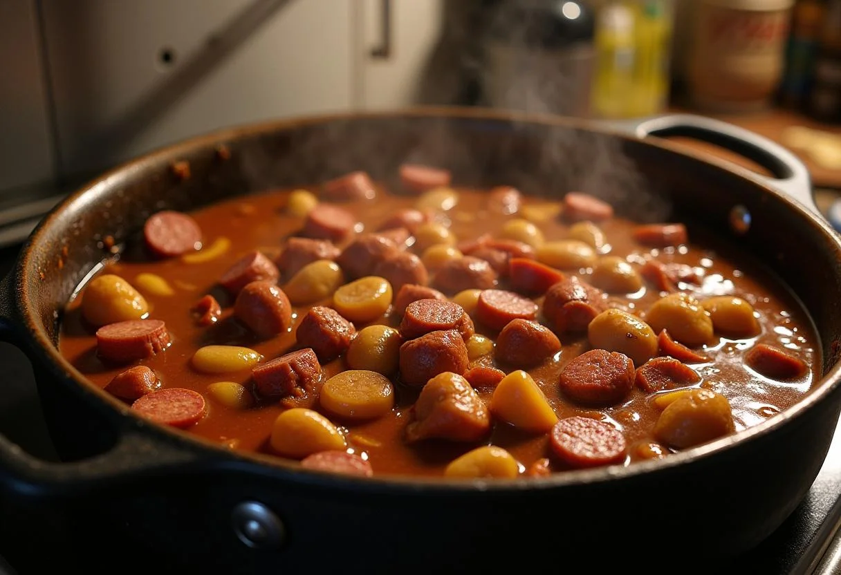 Ingredients for callos de ternera simmering in a pot, showcasing the rich flavors of traditional Spanish stew.