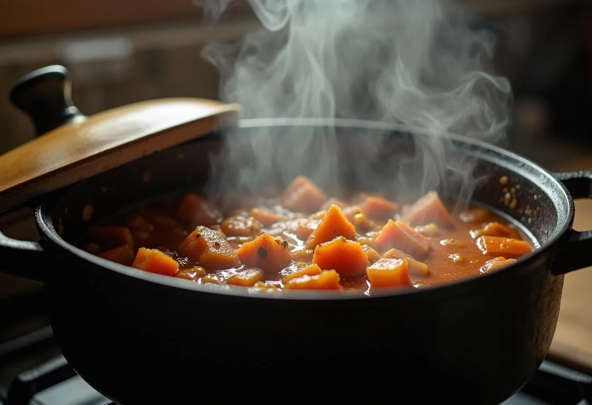 Callos de ternera stew simmering on the stove, illustrating the cooking process of this classic Spanish recipe.