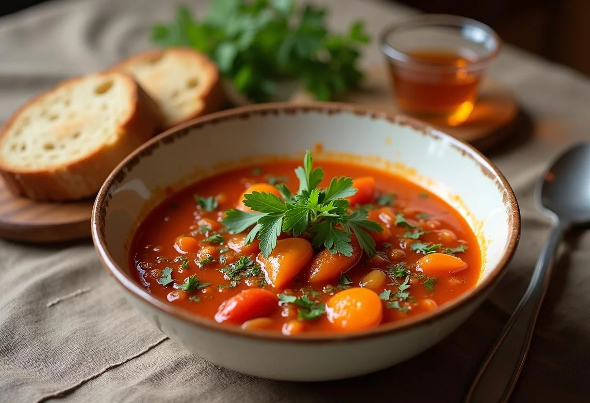 Bowl of callos de ternera displayed on a dining table, ready to enjoy the traditional flavors of Spanish cuisine.
