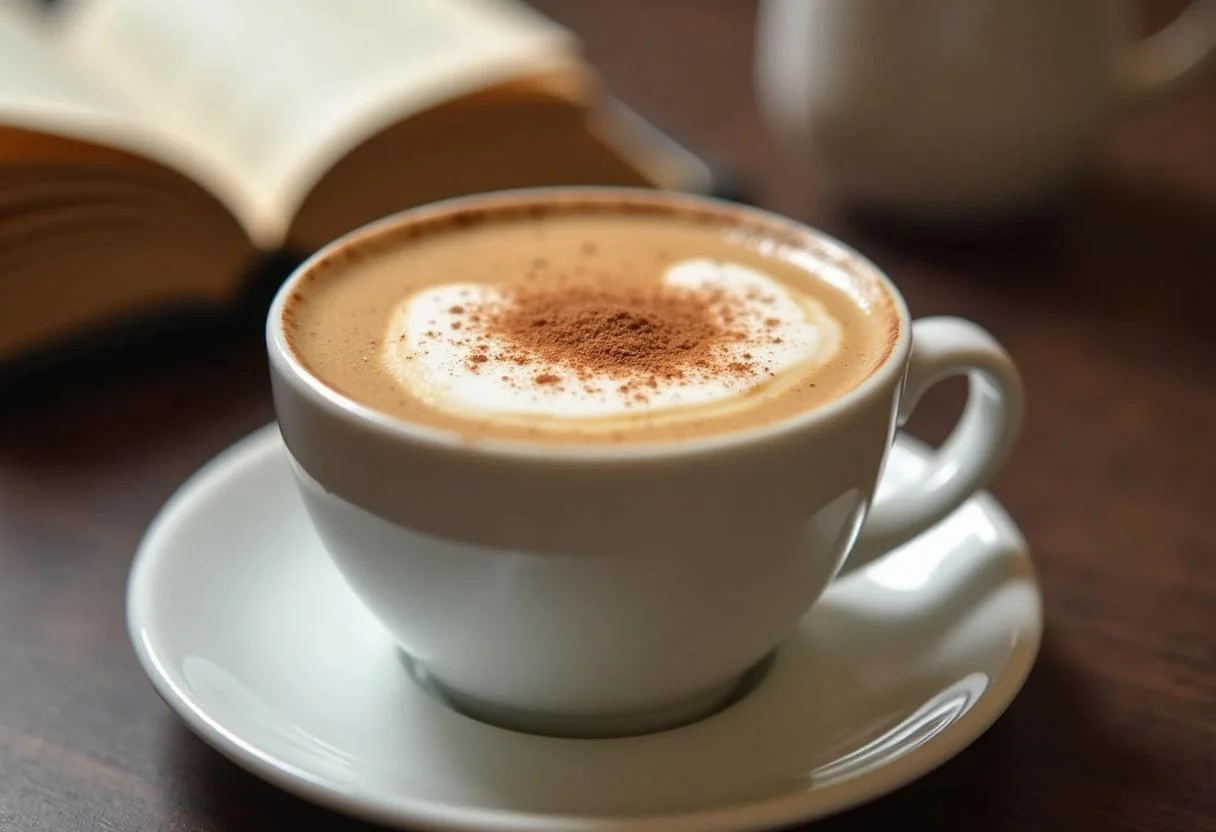 Calorías Café con Leche Desnatado terminado, servido con una pizca de canela, ideal para los amantes del café.