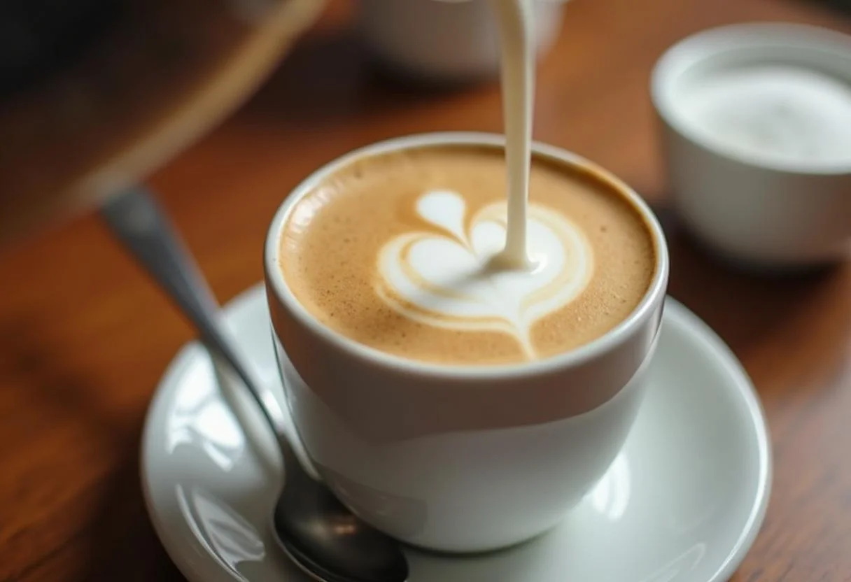 Viertiendo leche desnatada espumada en café para la presentación de Calorías Café con Leche Desnatado.