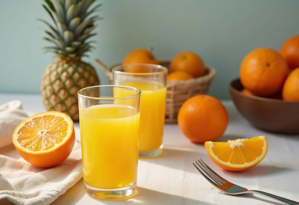 Desayuno saludable con jugo de naranja fresca y naranjas cortadas, resaltando las calorías en naranja.