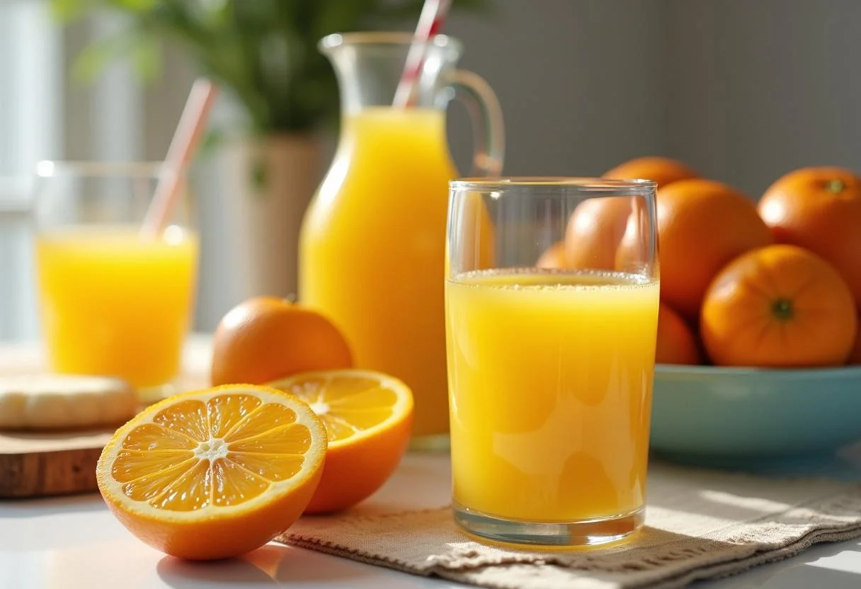 Desayuno saludable con jugo de naranja fresca y naranjas cortadas, resaltando las calorías en naranja.