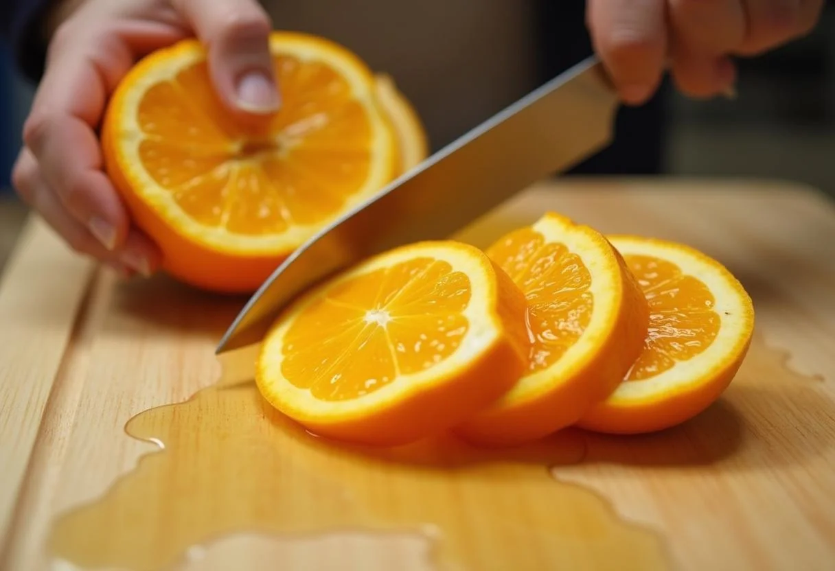 Cortando una naranja fresca en gajos para mostrar las calorías de una naranja.