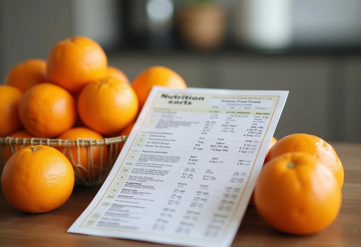 Tabla nutricional mostrando las calorías de una naranja fresca en la cocina.
