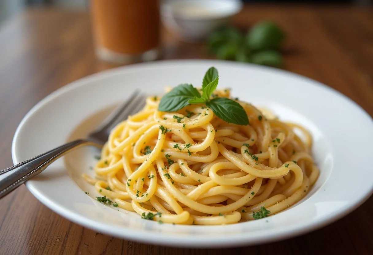 Porción ideal de pasta cocida en un plato, lista para servir y disfrutar.