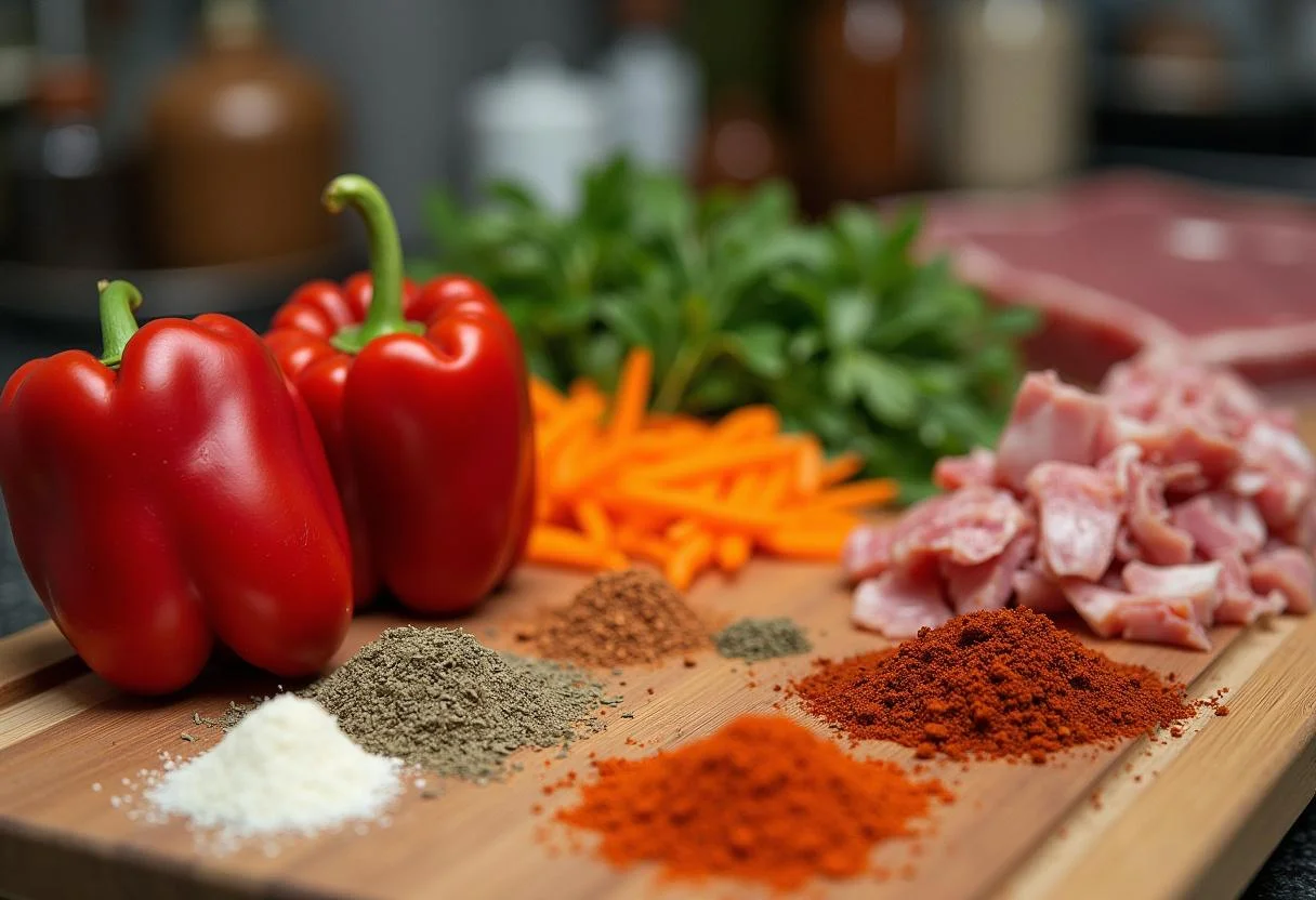Ingredientes frescos para carne de pimiento choricero en la cocina.