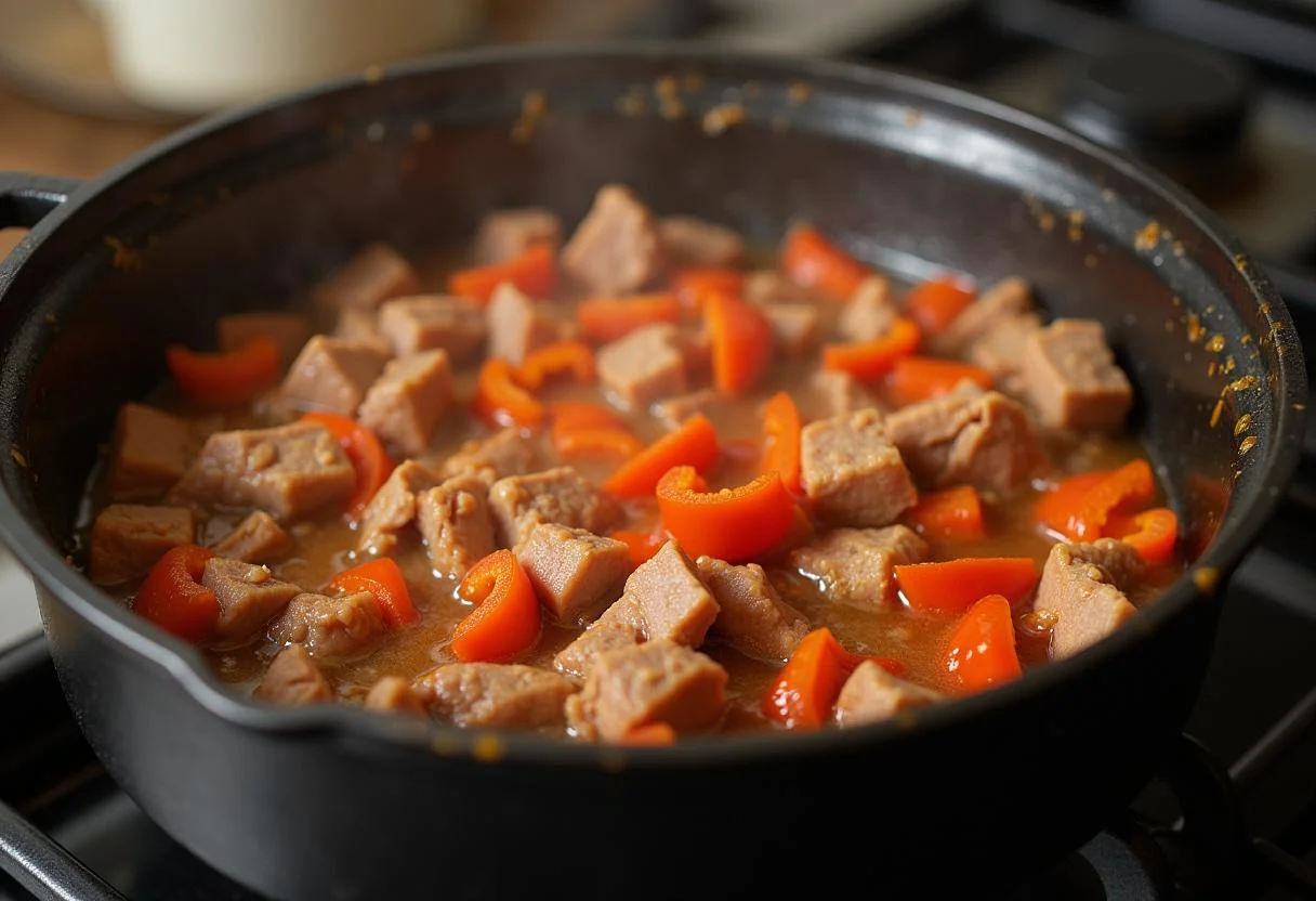 Carne de pimiento choricero cocinándose en una olla, mostrando su proceso de preparación.