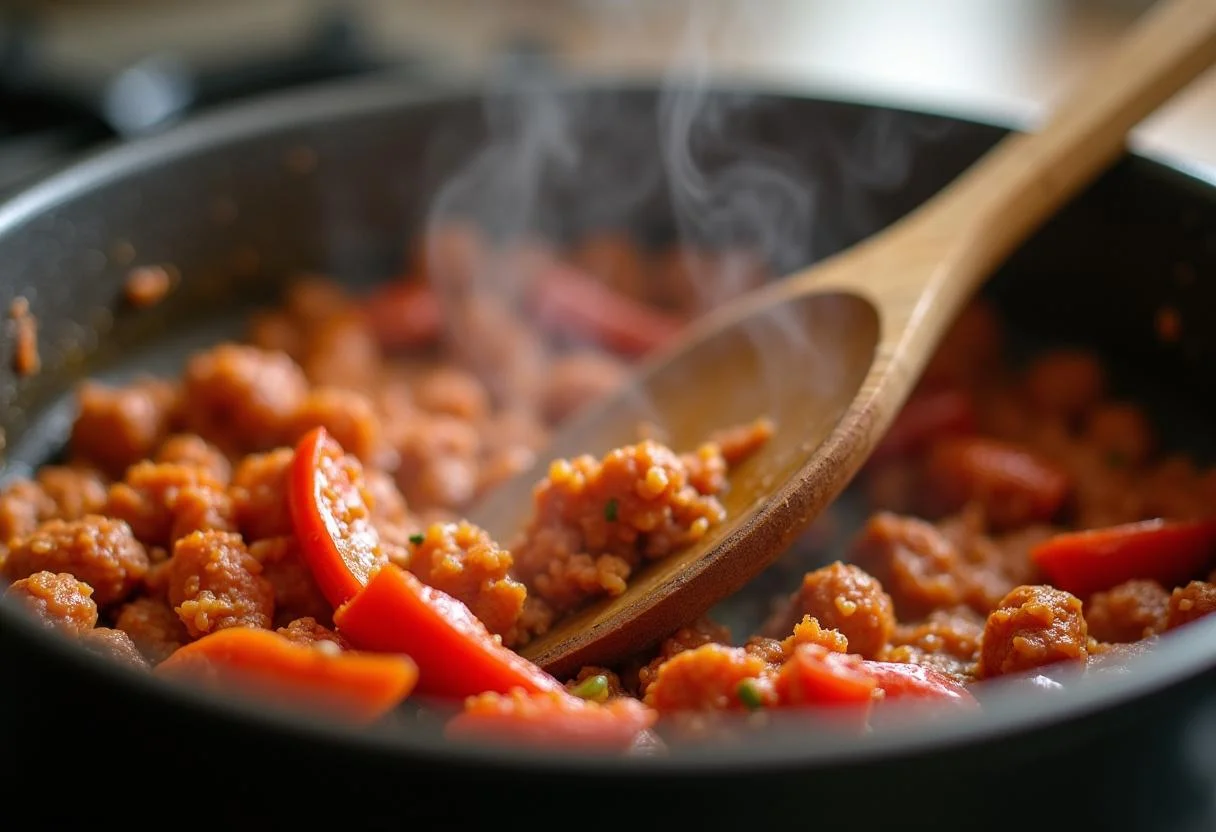 Revolviendo carne de pimiento choricero en la olla, destacando la textura y los ingredientes.