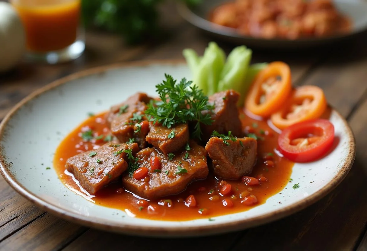 Presentación de carne de pimiento choricero lista para servir con hierbas frescas.