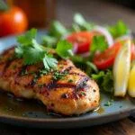 Deliciosa carne de pollo fresca a la parrilla servida con ensalada, perfecta para compartir.