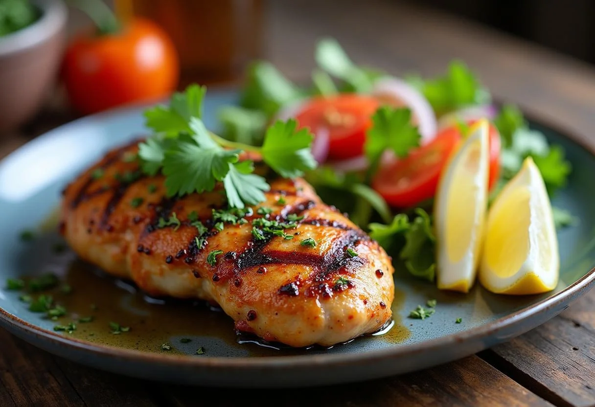 Deliciosa carne de pollo fresca a la parrilla servida con ensalada, perfecta para compartir.
