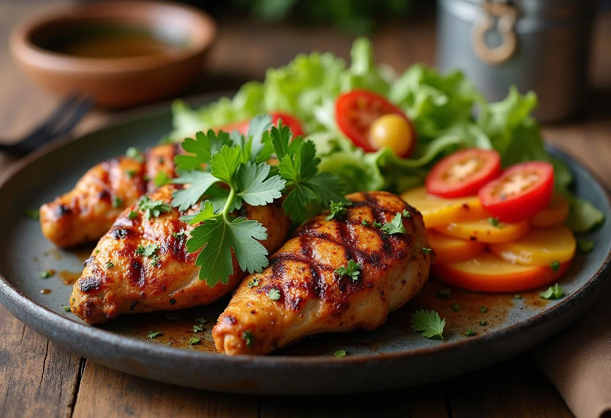 Deliciosa carne de pollo fresca a la parrilla servida con ensalada, perfecta para compartir.