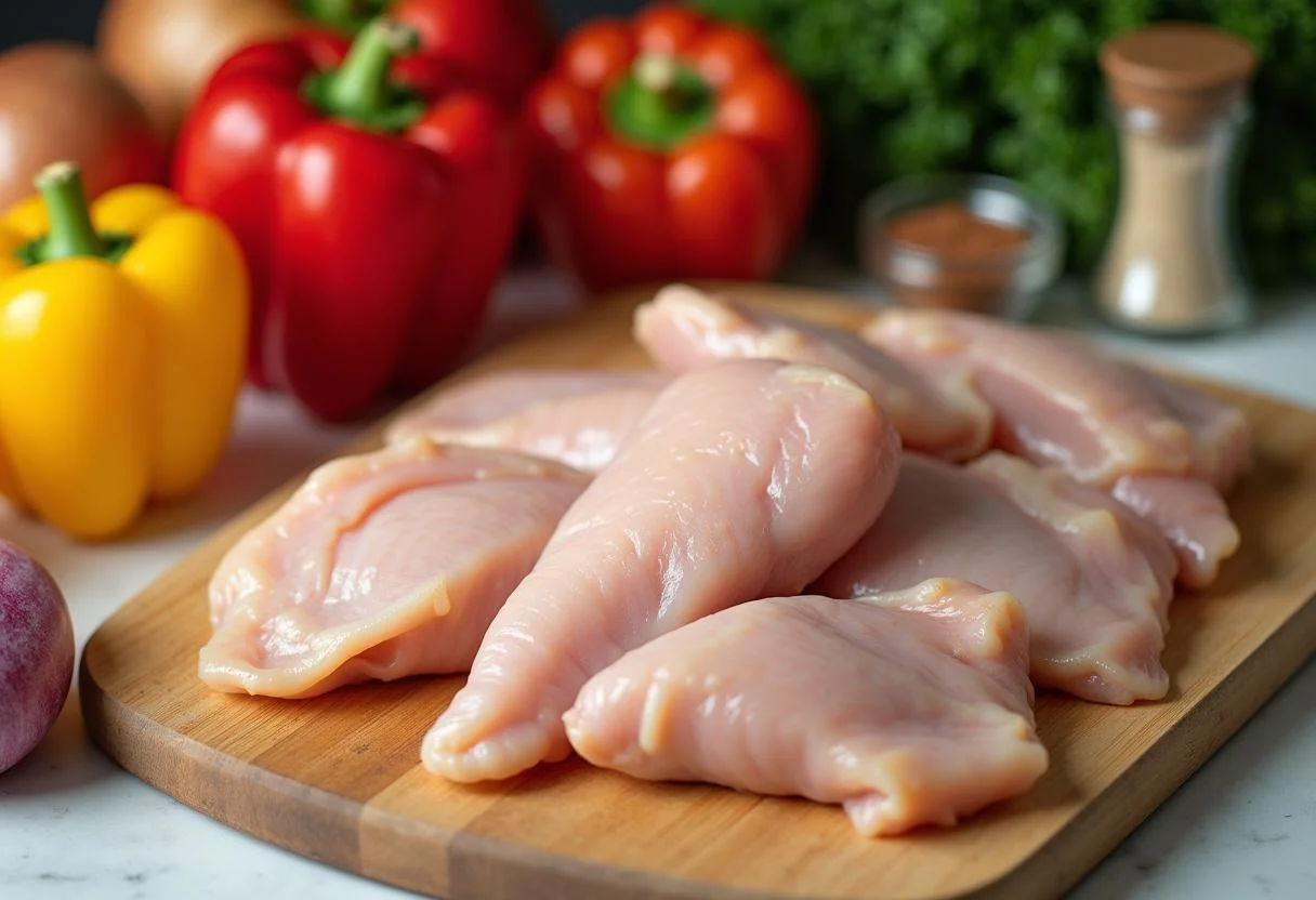 Carne de pollo fresca lista para ser cocinada con verduras coloridas y condimentos.