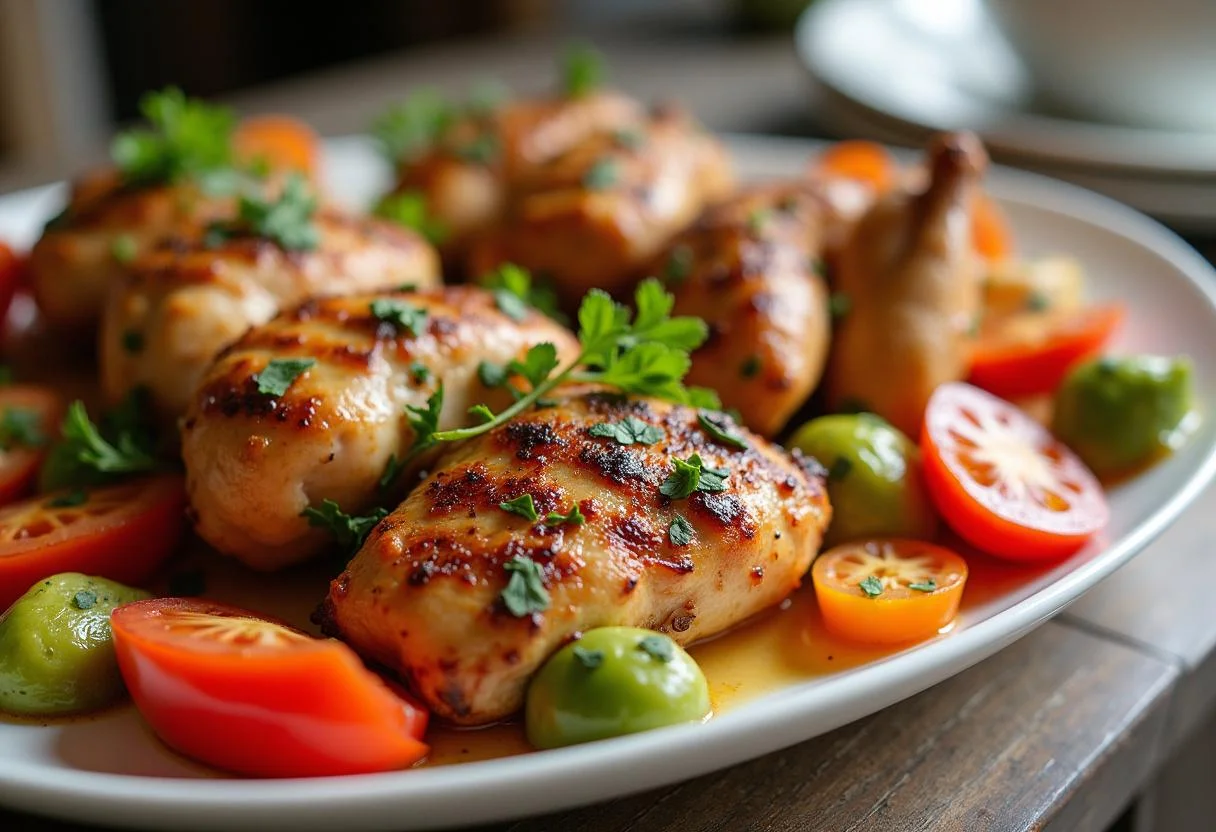 Plato de carne de pollo fresca a la parrilla con verduras, ideal para disfrutar en una comida familiar.