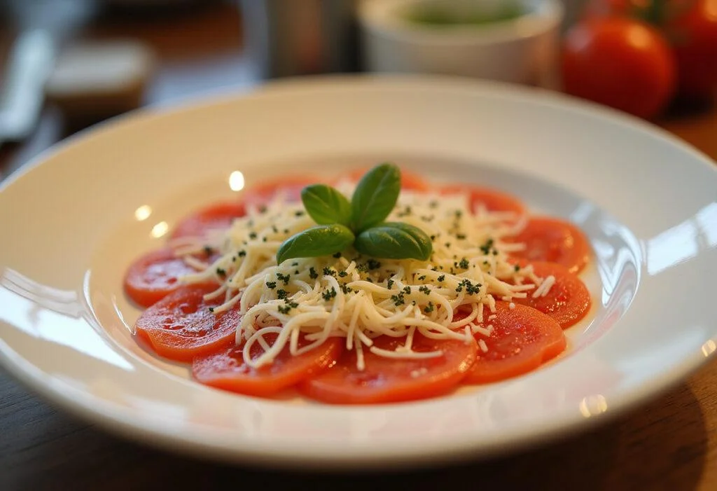 Finished carpaccio de calabacin garnished with cheese and herbs, ideal for a refreshing dish.