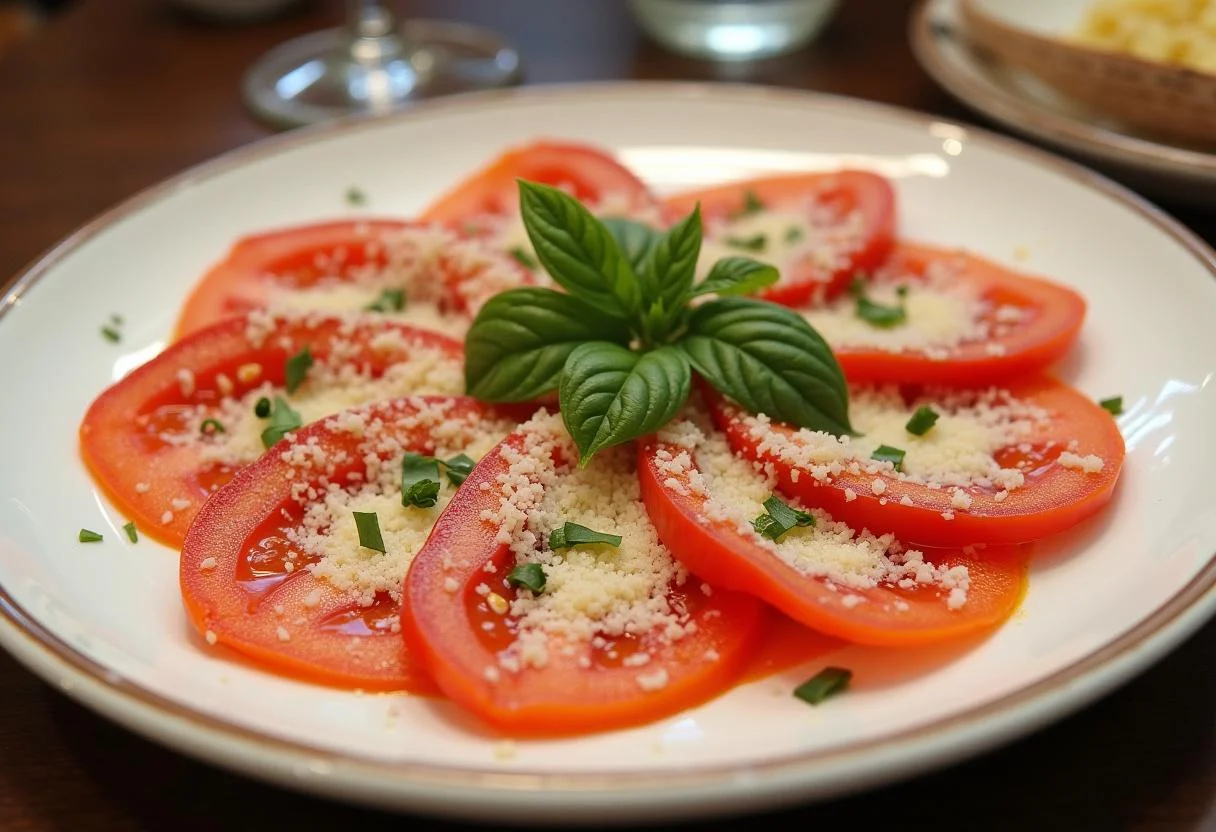 Carpaccio de calabacín terminado, adornado con queso y hierbas, ideal para un plato refrescante.