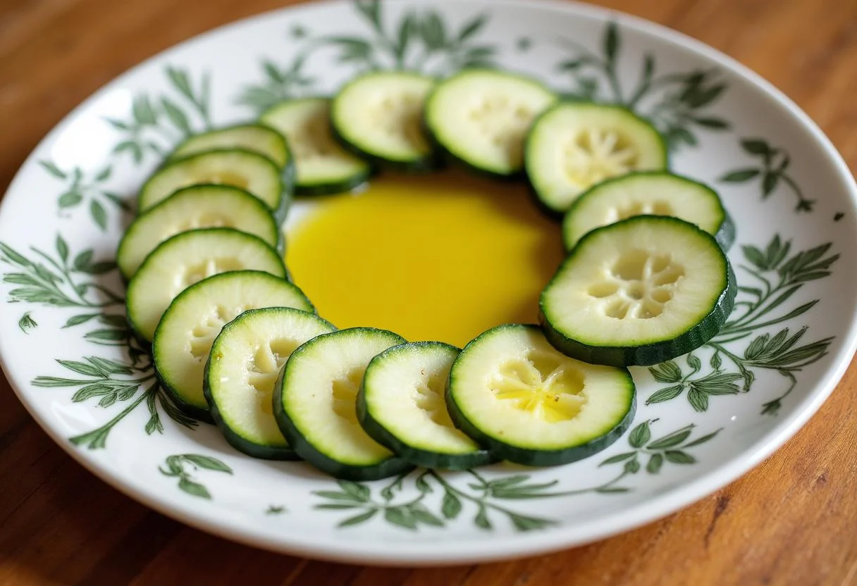 Láminas de calabacín dispuestas de forma circular sobre un plato para el carpaccio de calabacín.