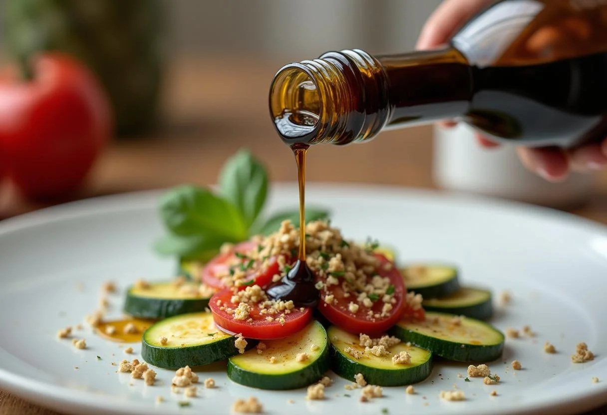 Vinagre balsámico rociado sobre el carpaccio de calabacín para un sabor fresco.